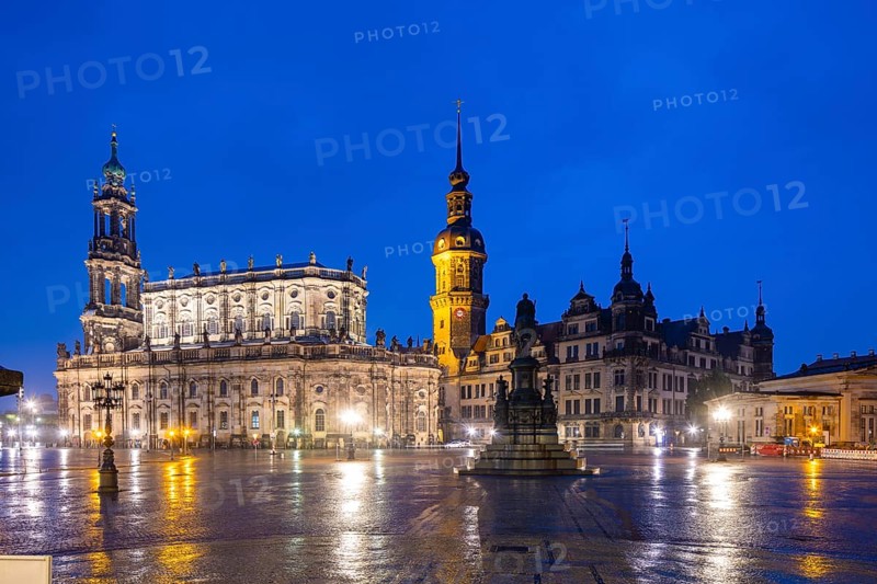 Court Church, Residence Palace, Hausmann Tower, King Johann Monument and Schinkel Guard at Theaterplatz during rain, Dresden, Saxony, Germany, Europe