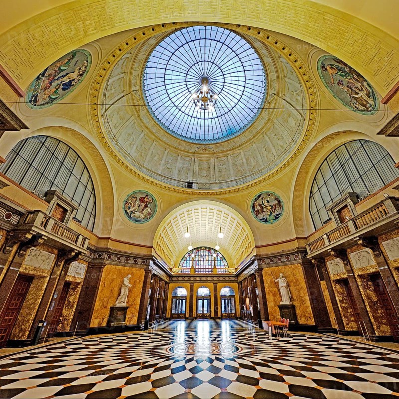 Foyer with glass dome in the spa hotel and Casino in the evening, Wiesbaden, Hesse, Germany, Europe