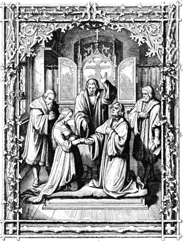 Martin Luther's marriage, Wittenberg, church, interior, priest, altar, marriage, Katharina von Bora, witnesses, religion, Christianity, year 1525, 16th century, historical illustration around 1860