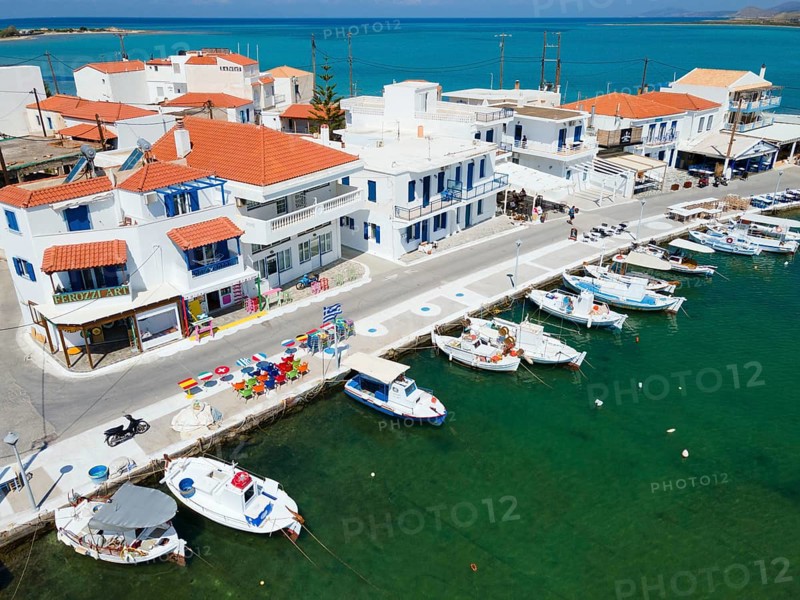 Drone shot, harbour, town of Elafonisos, Elafonisos, Deer Island, Laconia, Peloponnese, Ionian Islands, Ionian Sea, Greece, Europe