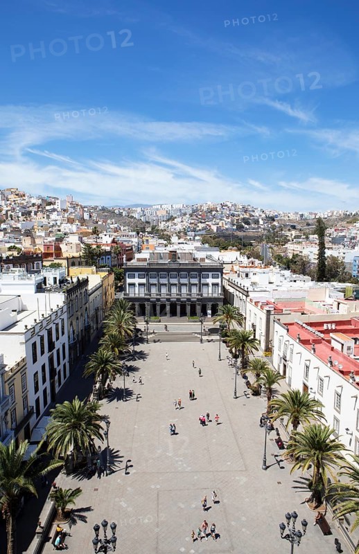 View from the tower of the Santa Ana Cathedral to the colourful houses of Las Palmas, in front the Plaza de Santa Ana, Las Palmas Province, Gran Canaria, Canary Islands, Spain, Europe