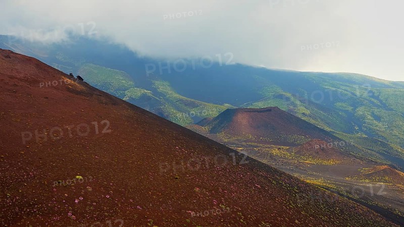 Red-brown small crater, green slopes, red slope, Crateri Silvestri, Etna, volcano, Eastern Sicily, Sicily, Italy, Europe