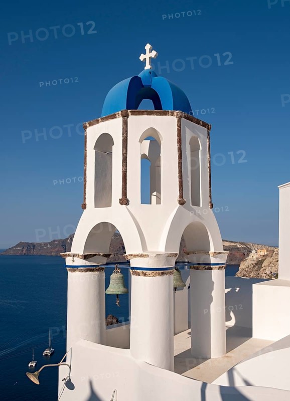 Blue-domed belfry, Agios Spiridonas, St Spyridon Church, Ia, Oia, Santorini, Greece, Europe
