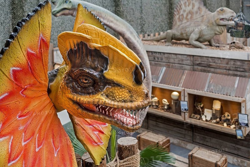 Giant dinosaur replicas on display at the Berkenhof Tropical Zoo, amusement and animal park near Kwadendamme, Zeeland, the Netherlands