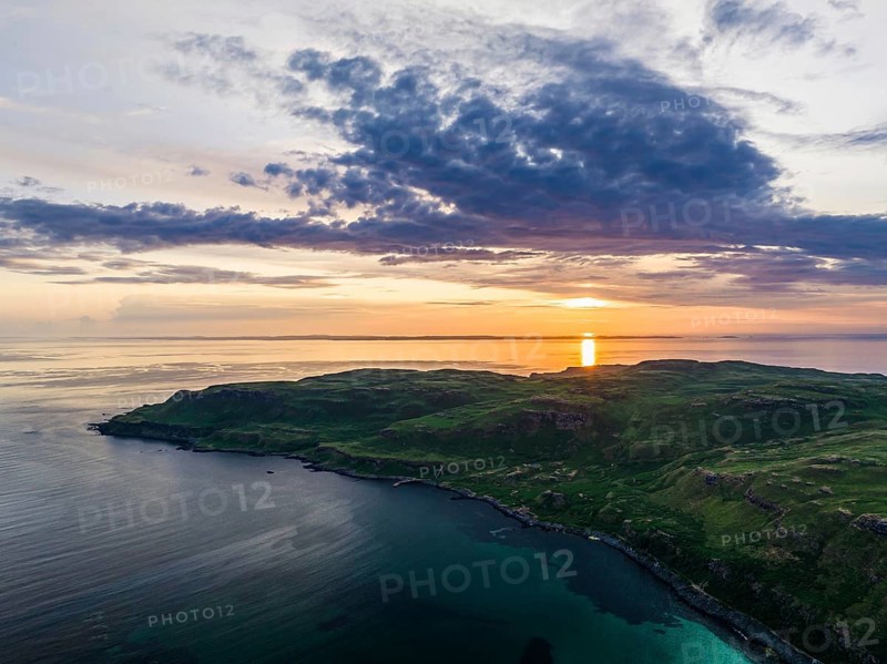 Sunset over Calgary Beach and Bay from a drone, Isle of Mull, Scottish Inner Hebrides, Scotland, UK