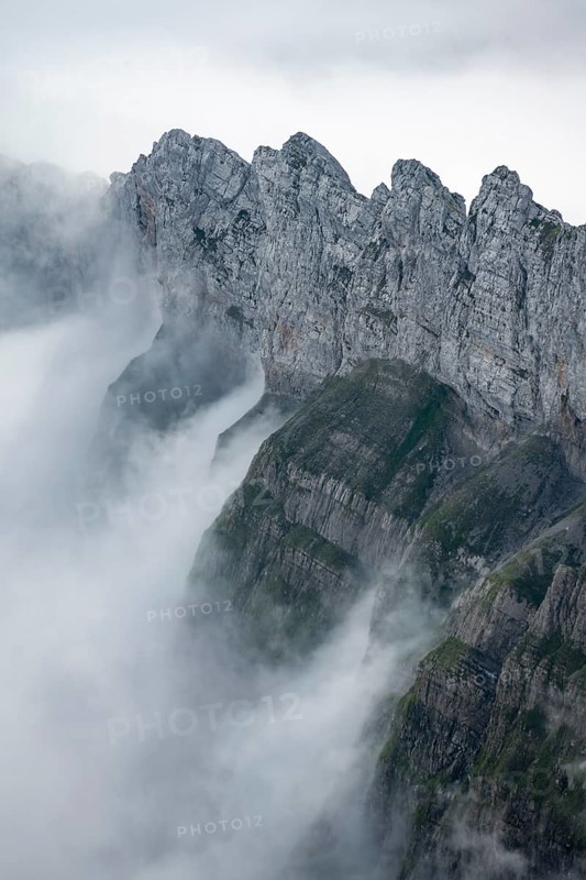 View of mountain peaks above the sea of clouds, Alpstein, high fog, Appenzell Ausserrhoden, Appenzell Alps, Switzerland, Europe