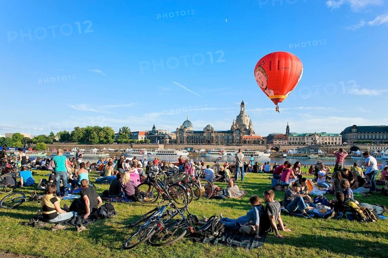 Dresden silhouette View of Dresden's historic city centre from the banks of the Elbe in Neustadt. Hot air balloon launch