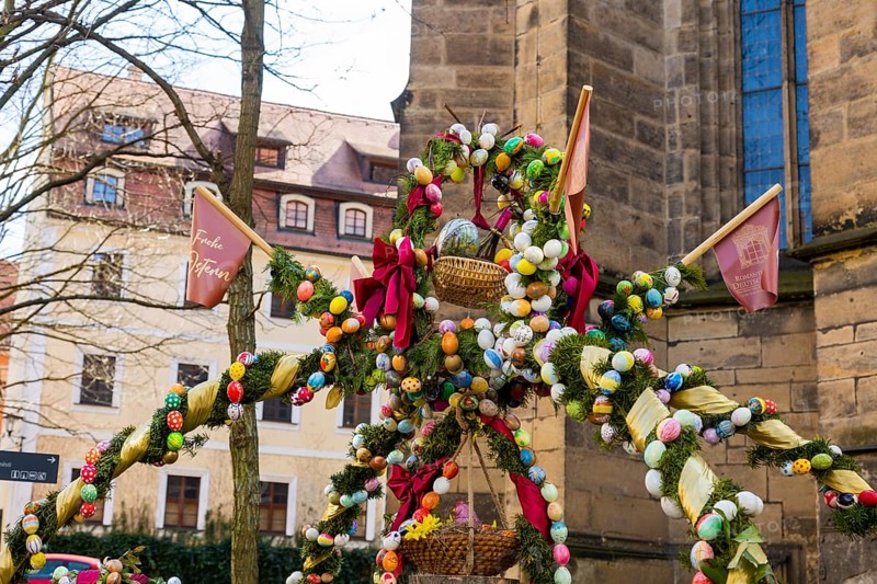 The old town of Pirna decorated for Easter. Since reunification, numerous historically valuable buildings have been renovated in an exemplary manner