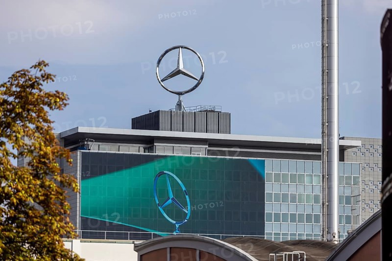Mercedes star at the Mercedes Benz Group headquarters in Untertürkheim, Stuttgart, Baden-Württemberg, Germany, Europe