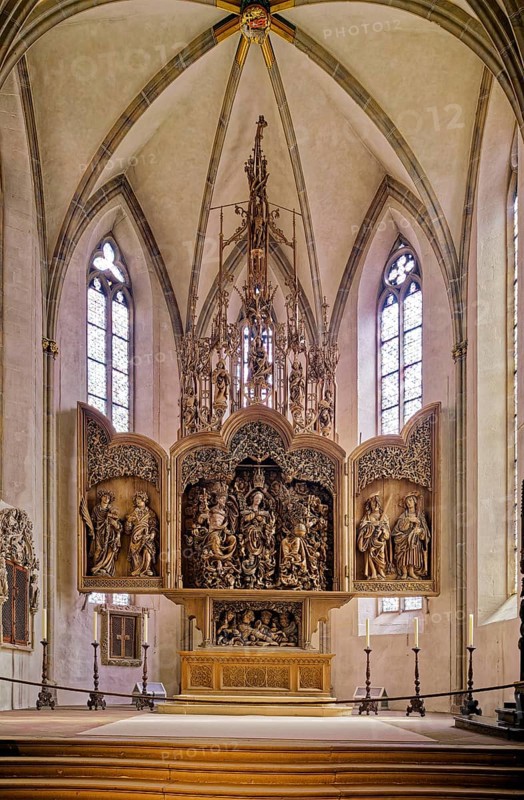 Altarpiece, Coronation of Mary by Jesus and God the Father, carved altar of the Breisach Madonna, 1526, late Gothic, carver Master HL, Stankt Stephan Minster, Breisach am Rhein, Kaiserstuhl, Upper Rhine, Baden-Württemberg, Germany, Europe