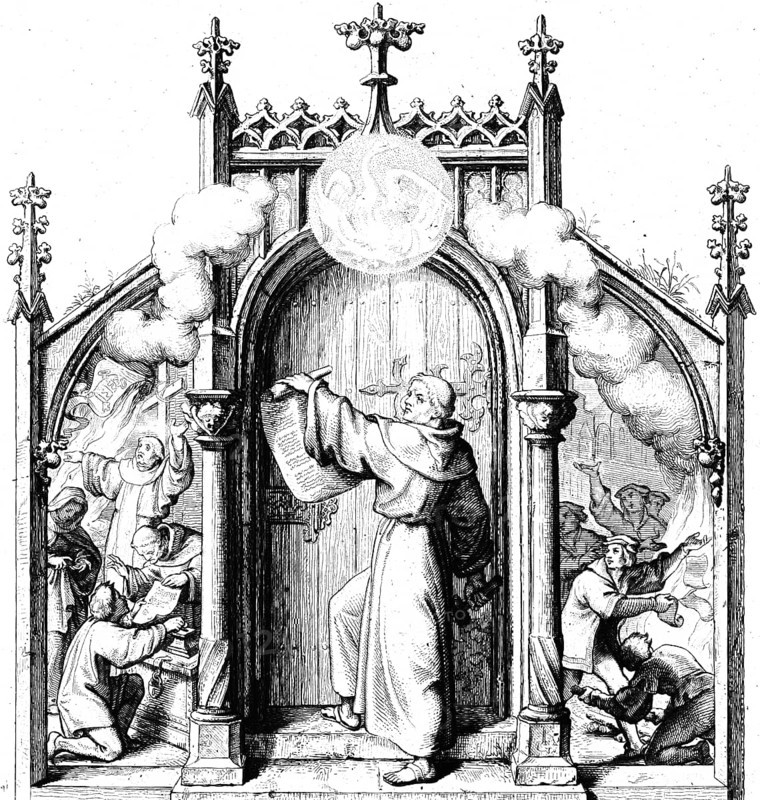 Martin Luther slams the 95 theses on the church door in Wittenberg (centre), indulgence preacher Tezel (left), Wittenberg students burn Tezel's opposites (right), religion, Catholic, Protestant, opponents, 16th century, historical illustration around 1860