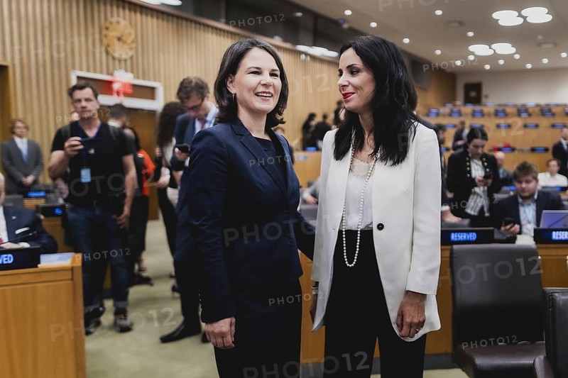 In Defence of the UN Charter' in New York City, 17.07.2023. Annalena Bärbock travels to New York to attend the ceremony marking the 25th anniversary of the Rome Statute of the International Court of Justice, New York City, United States (L-R) Annalena Bärbock (Bündnis 90 Die Grünen), Federal Minister for Foreign Affairs, and Dominique Hasler, Foreign Minister of Liechtenstein, pictured at the Ministerial Side Event 'The ICC and the Crime of Aggression
