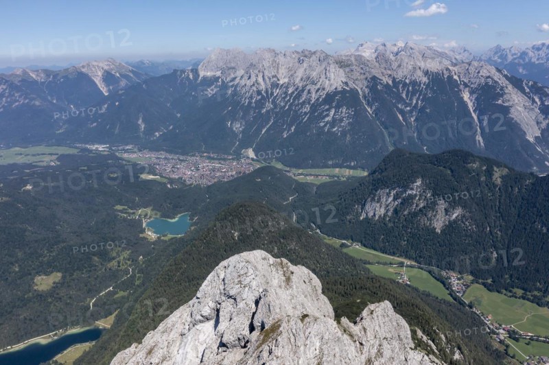 Aerial view, Mittenwald and Western Wettersteinspitze, Karwendel, Bavaria, Germany, Europe