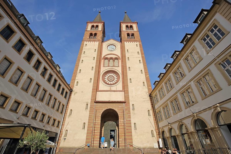 Romanesque UNESCO Kiliansdom, St. Kilian, cathedral, double towers, pedestrians, perspective, view upwards, Würzburg, Lower Franconia, Franconia, Bavaria, Germany, Europe