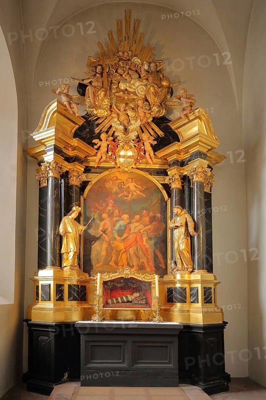 Altar with painting Farewell of the Apostles Peter and Paul from Martyrdom by Peter Rüggenberg 1722, side chapel, Neumünster Church, Neumünster Church, interior view, magnificent, ornaments, gilded, arts and crafts, historical, baroque, Würzburg, Lower Franconia, Franconia, Bavaria, Germany, Europe