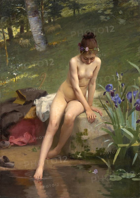 The Little Shepherdess, Naked Girl by the Pond, Bathing, Painting by Paul Peel, Historic, Digitally restored reproduction from an original of the period