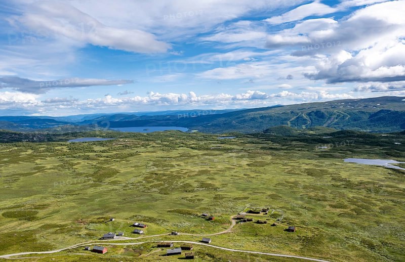 Houses with grass roofs, tundra landscape with lakes, Fjell, Oystre Slidre, Jotunheimen National Park, Norway, Europe