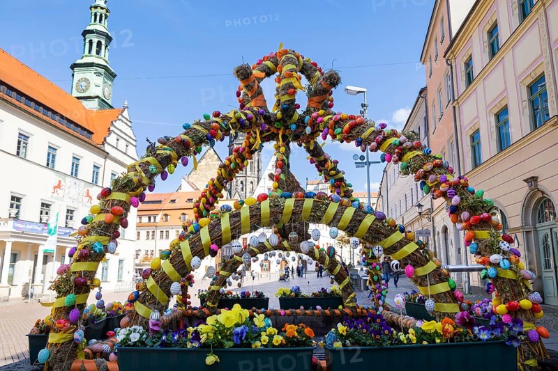 The old town of Pirna decorated for Easter. Since reunification, numerous historically valuable buildings have been renovated in an exemplary manner