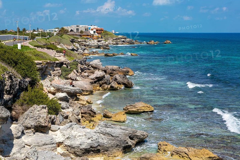 Coastal landscape looking north, Isla Mujeres, Caribbean Coast, Cancun, Quintana Roo, Mexico, Central America