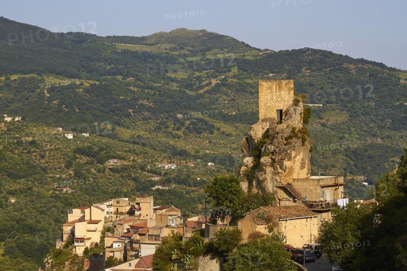 Morning light, Alcara li Fusi, village, tower on rocky outcrop, close, Nebrodi National Park, Sicily, Italy, Europe