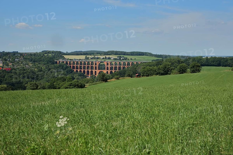 View of historical Göltzschtal bridge with bricks, bricks, viaduct, railway bridge, arch bridge, landscape, valley, Mylau, Netzschkau, Reichenbach, Vogtland, Saxony, Germany, Europe