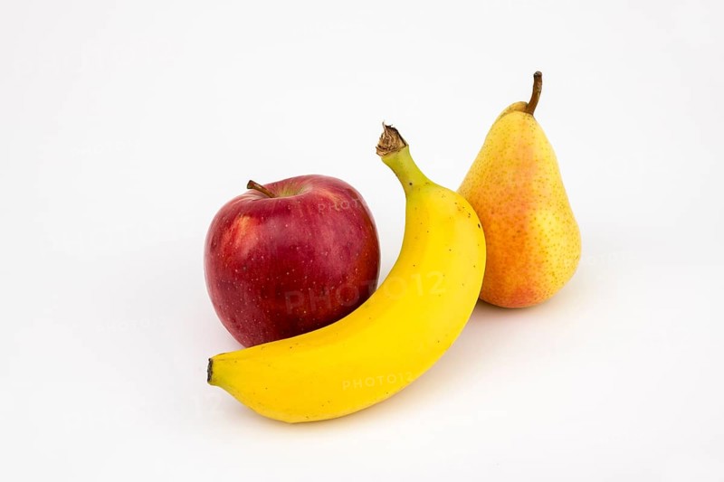 Apple and pear, studio shot, white background, healthy food