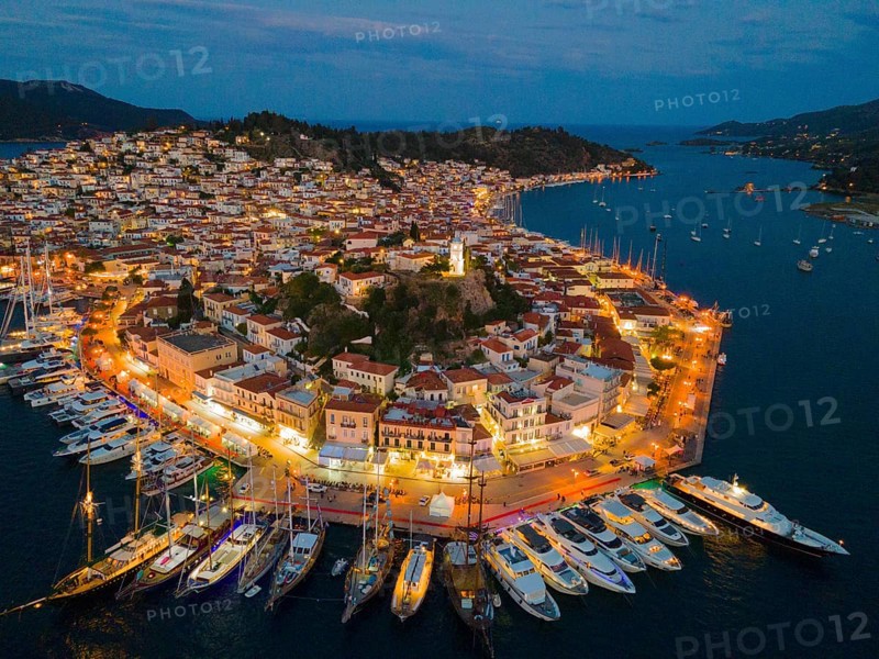 Aerial view, blue hour, Poros, Poros Island, Saronic Islands, Peloponnese, Greece, Europe