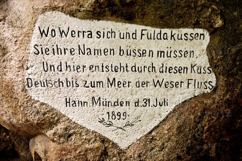 Detail of the Weser Stone, union of the rivers Werra and Fulda to form the river Weser, Hannoversch Münden, Lower Saxony, Germany, Europe