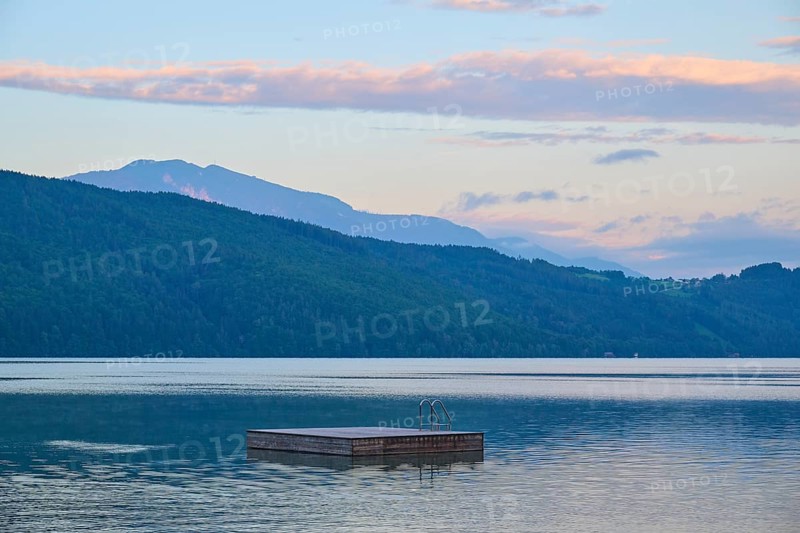Lake, bathing raft, sky, clouds, twilight, sunrise, summer, Lake Millstatt, Döbriach, Carinthia, Austria, Europe