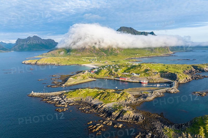 Fishing village Hovden, coast, fjords and mountains, Langoya island, Vesteralen archipelago, Norway, Europe