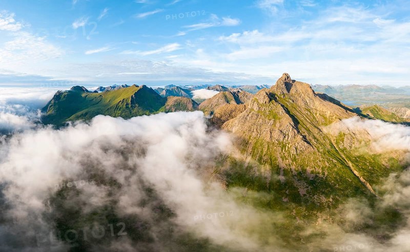 Fjords and mountains, Mount Trehyrna, Nykvag, Langoya Island, Vesteralen Archipelago, Norway, Europe