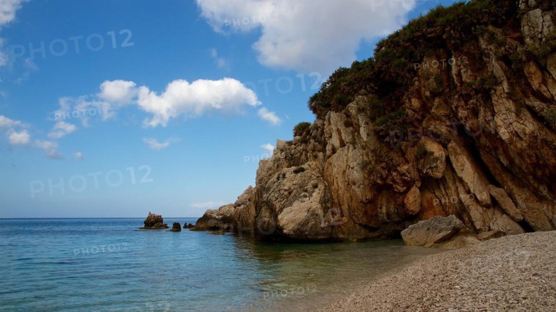 Bay, shady, rocks, pebble beach, blue sky, white clouds, Zingaro, national park, nature reserve, northwest, Sicily, Italy, Europe