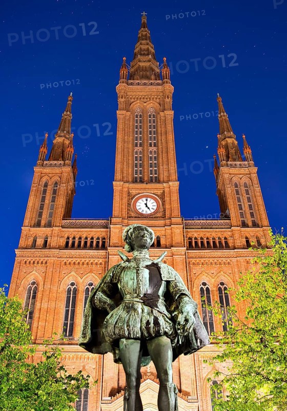 Neo-Gothic Market Church with statue of William I of Nassau, Wiesbaden, Hesse, Germany, Europe