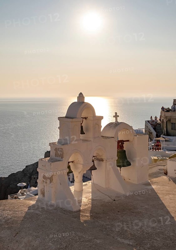 Bell Tower and Sea at sunset, Ia, Oia, Santorini, Greece, Europe