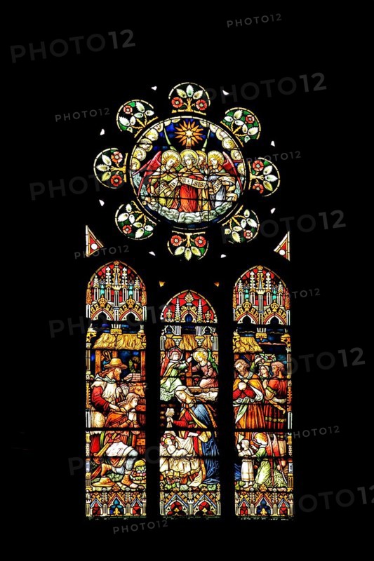 Church window Christmas in the chancel of the Luther Church, interior view, colourful, stained glass, black, shadow, silhouette, handicraft, stained glass, Christian, scene, biblical, Jesus, birth, Mary, church festival, Mylau, Reichenbach, Vogtland, Saxony, Germany, Europe