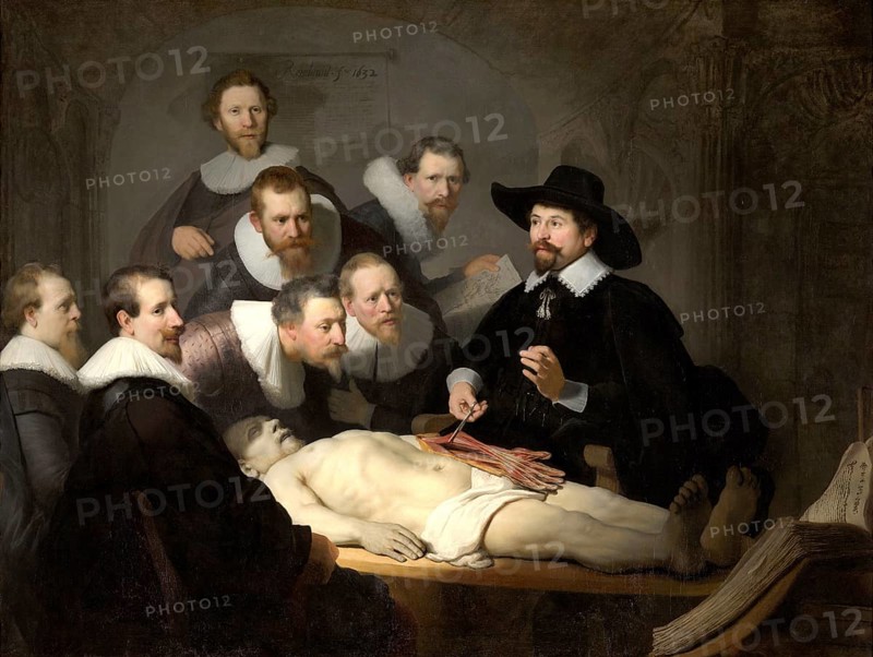 The Anatomy Lesson of Dr Nicolaes Tulp, also Nicolaas Tulp, Tulpius, and Nicolaes Petreius (9 October 1593 - 12 September 1674), a Dutch surgeon and anatomist as well as one of the most famous physicians of the 17th century and mayor of Amsterdam, painting by Rembrandt, Historical, digitally restored reproduction from an original of the time