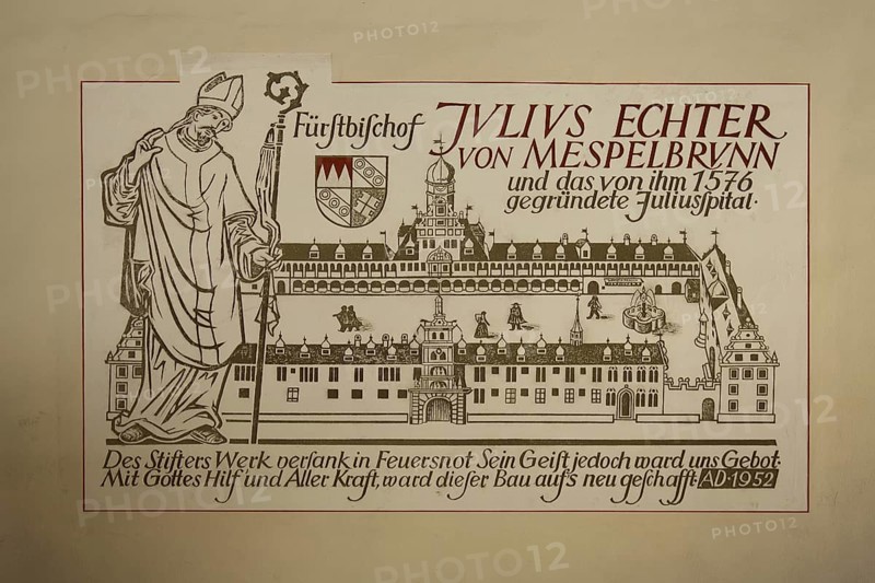 Painting and monument to Prince Bishop and founder Julius Echter von Mespelbrunn of the Juliasspital, text, inscription, historical sketch, coat of arms, year, founded, monument, Würzburg, Lower Franconia, Franconia, Bavaria, Germany, Europe