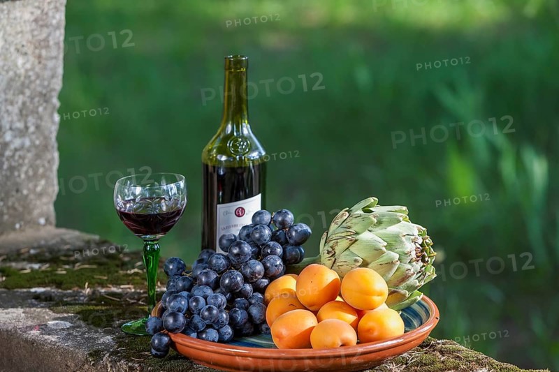 Still Life with with Fruit Bowl and Red Wine, Provence, France, Europe