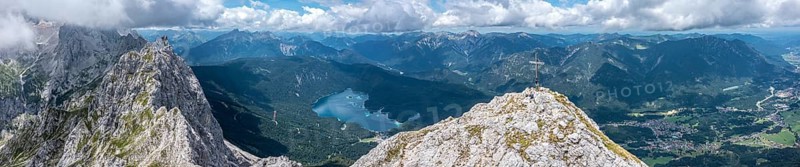 Aerial view, summit cross of the Waxenstein, Eibsee lake and Wetterstein mountains, Garmisch-Patenkirchen, Bavaria, Germany, Europe