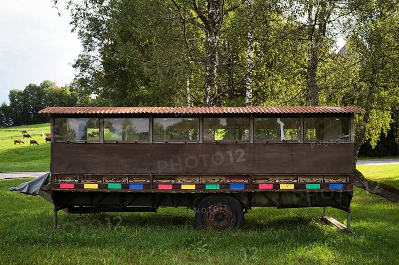 Mobile hives on mobile trailer, honey village Seeg, Bavaria, Germany, Europe