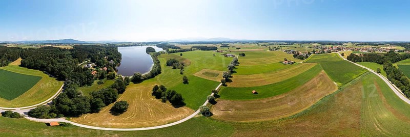 Drone shot, Abtsdorfer See with village Leobendorf, municipality Saaldorf-Surheim, Rupertiwinkel, Upper Bavaria, Bavaria, Germany, Europe