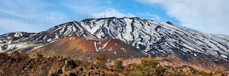 Panorama shot, reddish brown lava hill, snow, mountain, Etna, volcano, eastern Sicily, Sicily, Italy, Europe