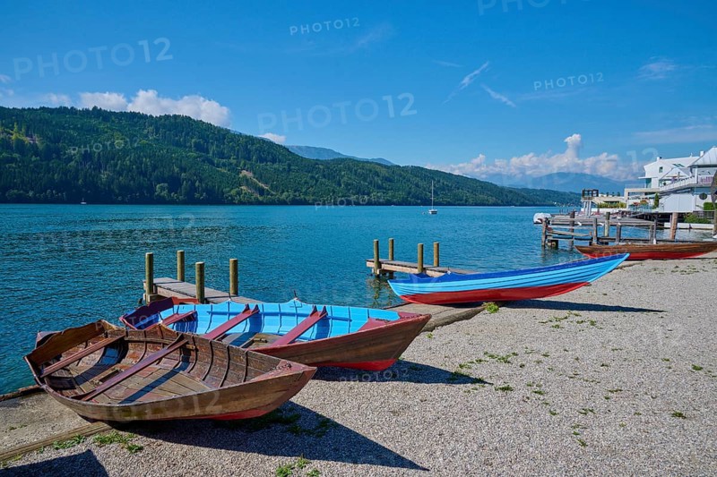 Boats, shore, wooden jetty, summer, Lake Millstatt, Millstatt, Carinthia, Austria, Europe