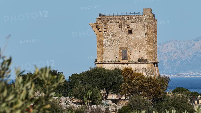 Stone square tower, close, Zingaro, national park, nature reserve, northwest, Sicily, Italy, Europe