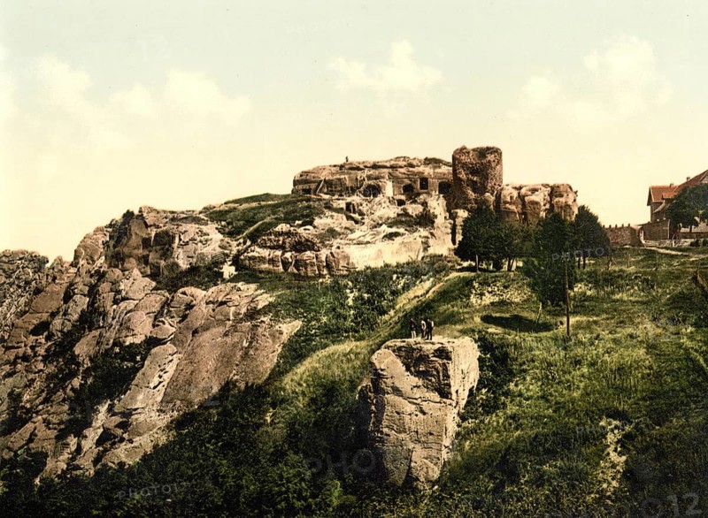 Regenstein Castle in the northern Harz foreland, ruin of a medieval rock castle near Blankenburg, Harz Mountains, Saxony-Anhalt, Germany, c. 1900, Historic, digitally restored reproduction of a photochromic print from the period, Europe
