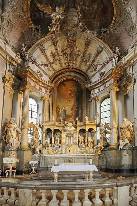 Splendid chancel of the baroque pilgrimage church Mariä Heimsuchung Käppele, built by master builder Balthasar Neumann, interior view, painting, ornaments, ceiling fresco, handicrafts, figures, Würzburg, Lower Franconia, Franconia, Bavaria, Germany, Europe