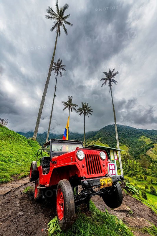 Old Willys jeep in the Cocora valley, Unesco site coffee cultural landscape, Salento, Colombia, South America
