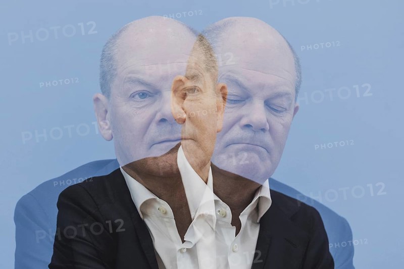 Photo taken as a double exposure. Olaf Scholz (SPD), Federal Chancellor, taken at a federal press conference on current domestic and foreign policy issues Berlin, 14.07.2023., Berlin, Germany, ATTENTION, Europe
