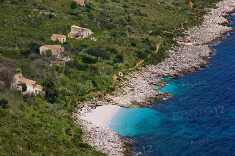 Coastline, turquoise bay, close, small pebble beach, houses, Zingaro, national park, nature reserve, northwest, Sicily, Italy, Europe