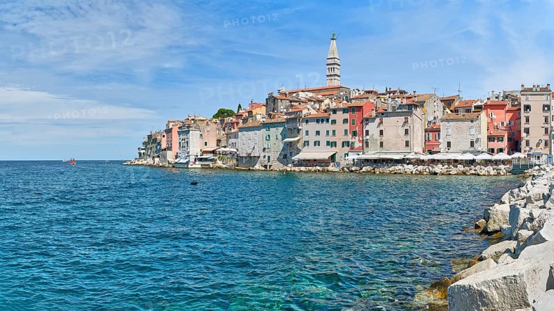 View of the old town of Rovinj, Adriatic Sea, blue sky, Istria, Croatia, Europe